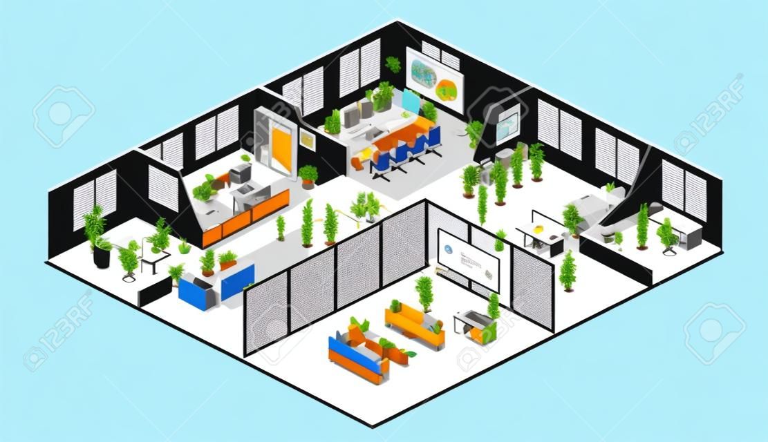 Isometrischer flacher abstrakter Konzeptfußboden des Büros 3d des Innenraums 3d. Konferenzsaal, Büros, Arbeitsplätze, Leiter der Büroeinrichtung