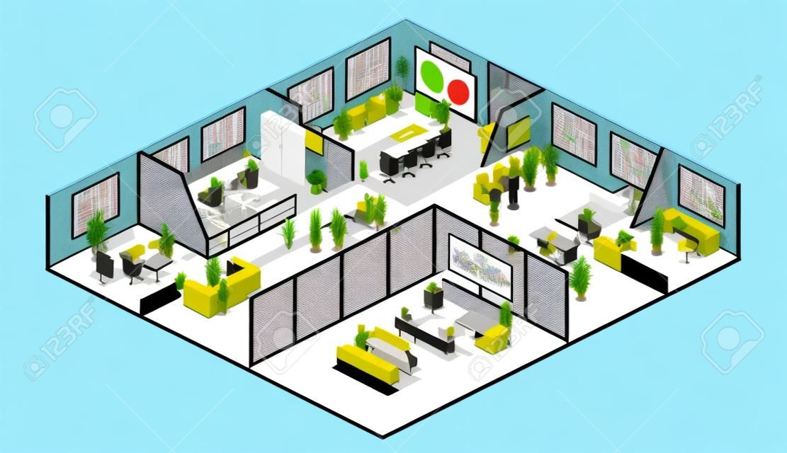 Isometric mieszkania 3d wnętrza wnętrza departamentu pojęcia abstrakcjonistyczny biurowy wektorowy wektor. sala konferencyjna, biura, miejsca pracy, dyrektor biura
