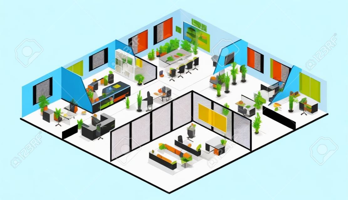 아이소 메트릭 플랫 3d 추상적 인 사무실 바닥 인테리어 부서 개념 벡터. 회의실, 사무실, 작업장, 사무실 내부 이사
