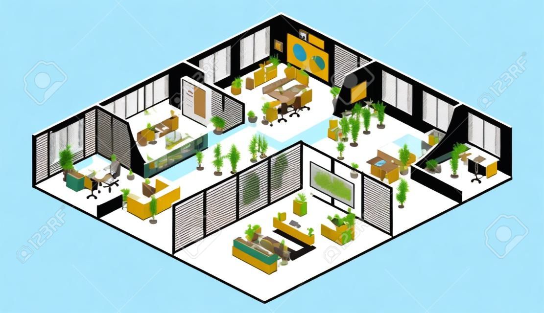 아이소 메트릭 플랫 3d 추상적 인 사무실 바닥 인테리어 부서 개념 벡터. 회의실, 사무실, 작업장, 사무실 내부 이사
