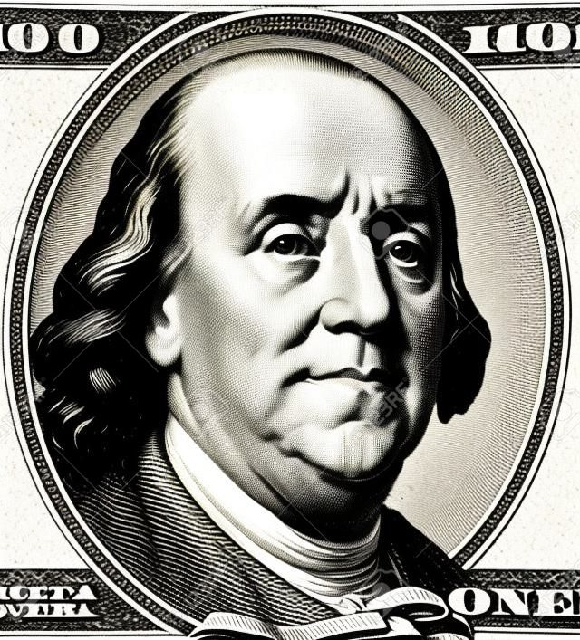 Part of the American $ 100 bills which shows Benjamin Franklin, one of U.S. Presidents