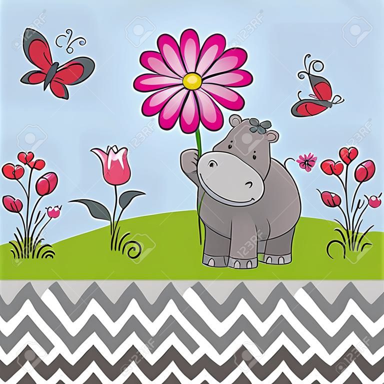 Greeting card Cute Hippo with a flower on a meadow