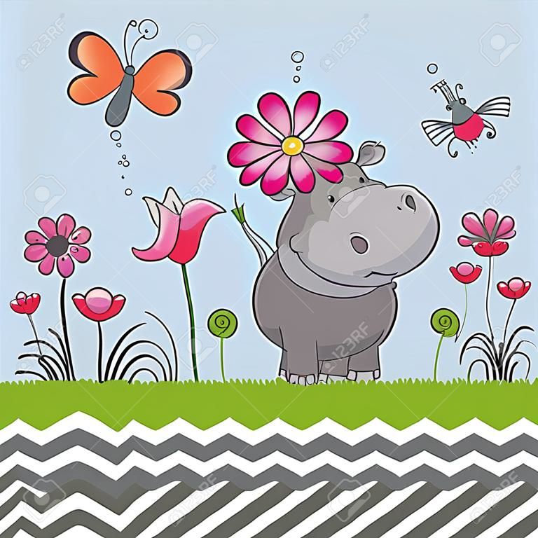 Tarjeta de felicitación del hipopótamo lindo con una flor en un prado