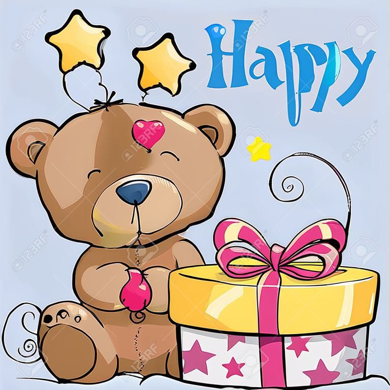 Grusskarte niedliche Teddybär mit Geschenk