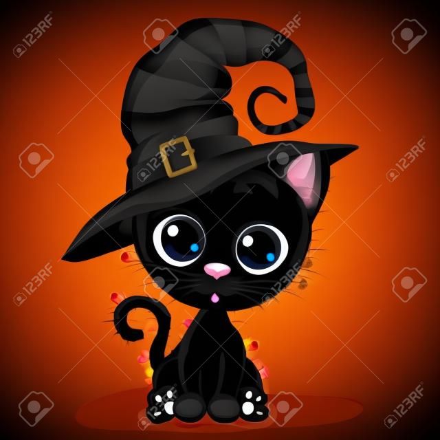 Bonito gatinho preto dos desenhos animados em um chapéu de Halloween