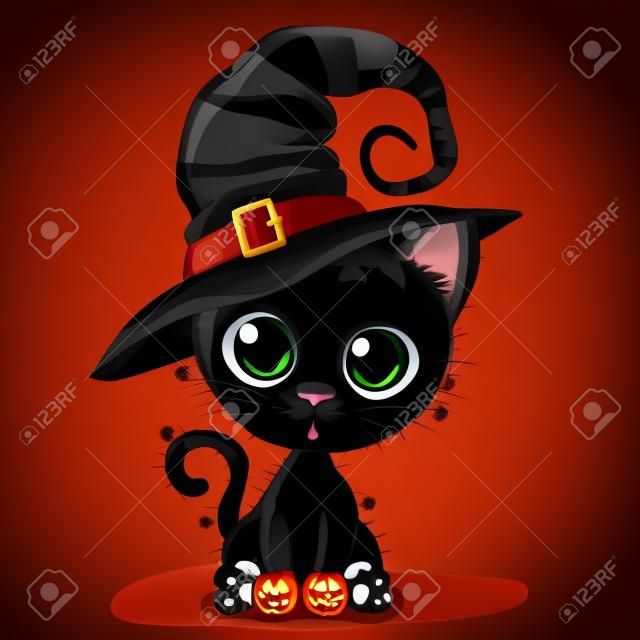 可愛的卡通黑色小貓在一個萬聖節帽子