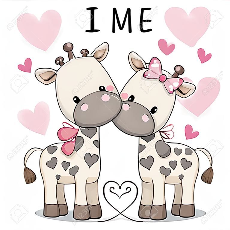 Two cute giraffes on a hearts background