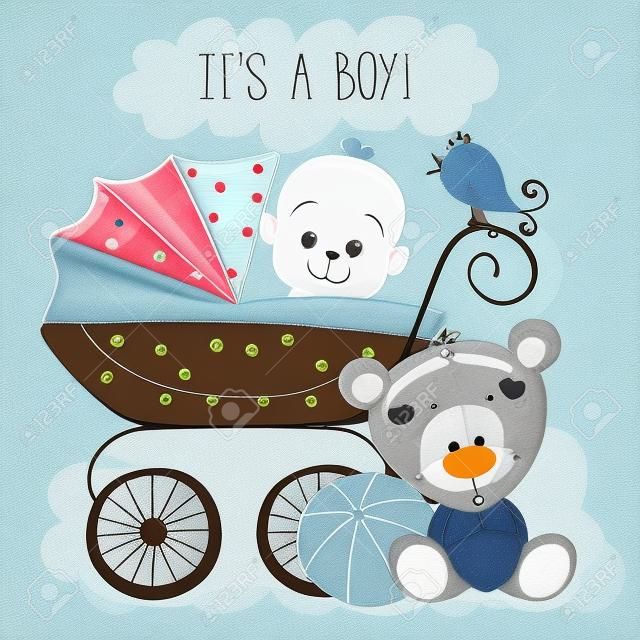Cartão de saudação é um menino com carrinho de bebê e ursinho de pelúcia