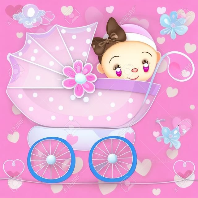귀여운 만화 아기 소녀는 마차 하트 배경에 앉아있다
