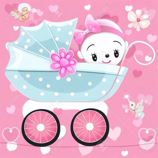 Menina bonito dos desenhos animados bebê está sentado em uma carruagem em um fundo de corações