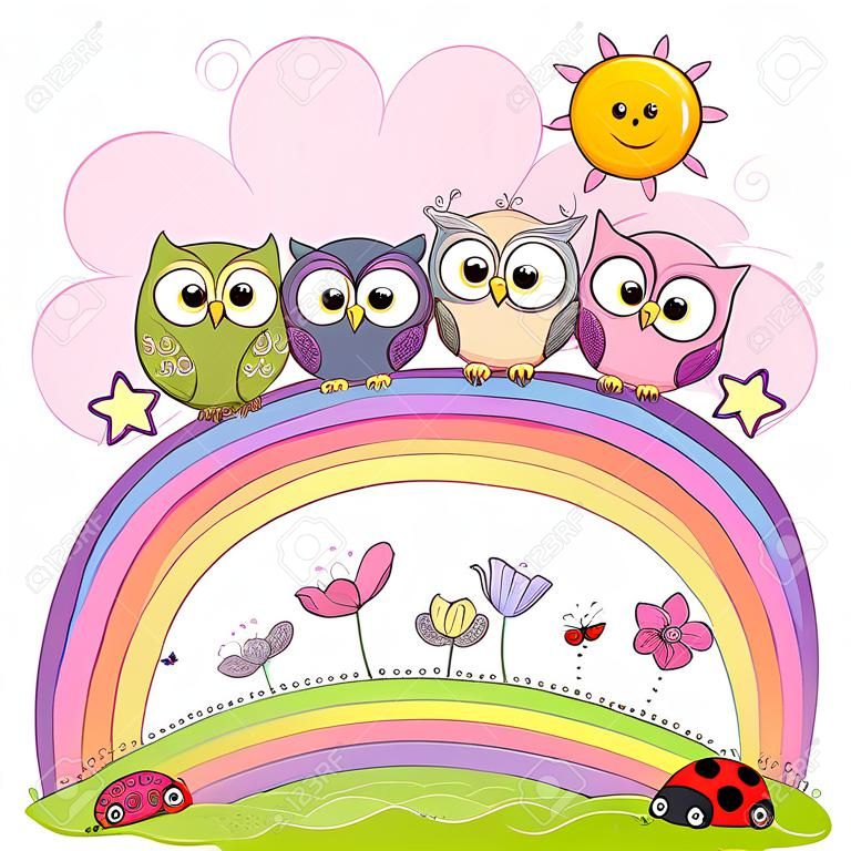 Fünf Niedliche Eulen sitzen auf einem Regenbogen