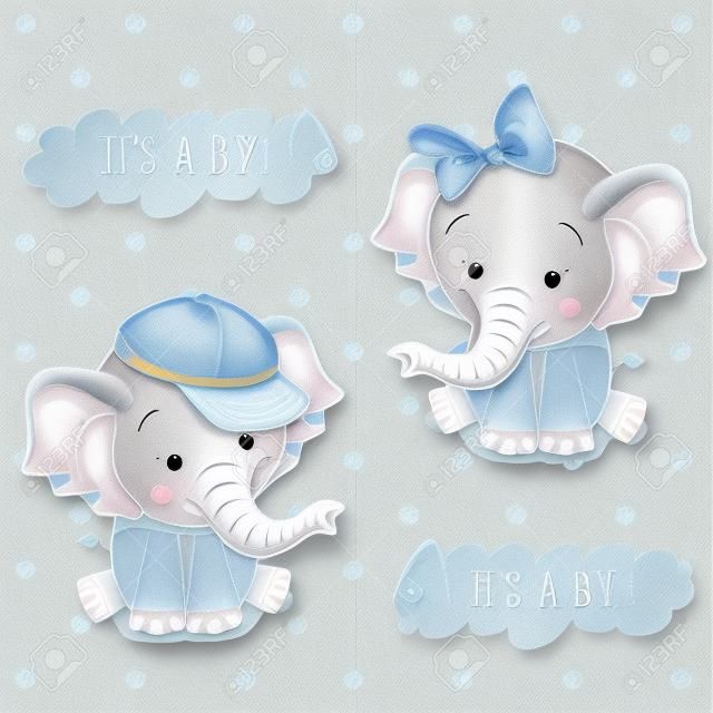 Kartka na Baby Shower z chłopcem i dziewczynką słonie