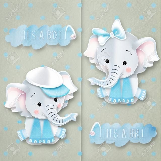 Baby Shower greeting card with Elephants boy and girl
