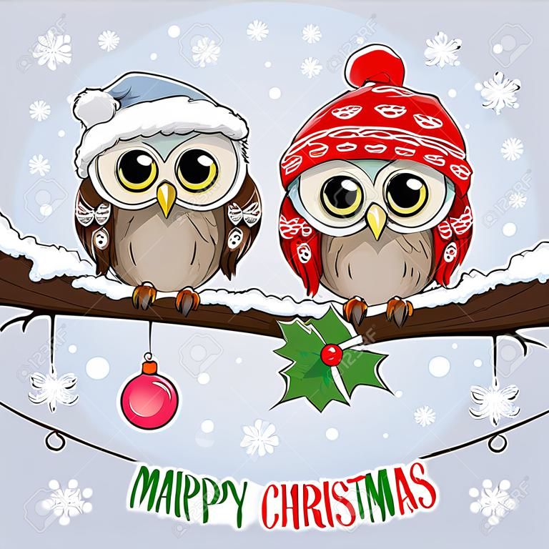 Greeting Christmas card Two Owls on a branch