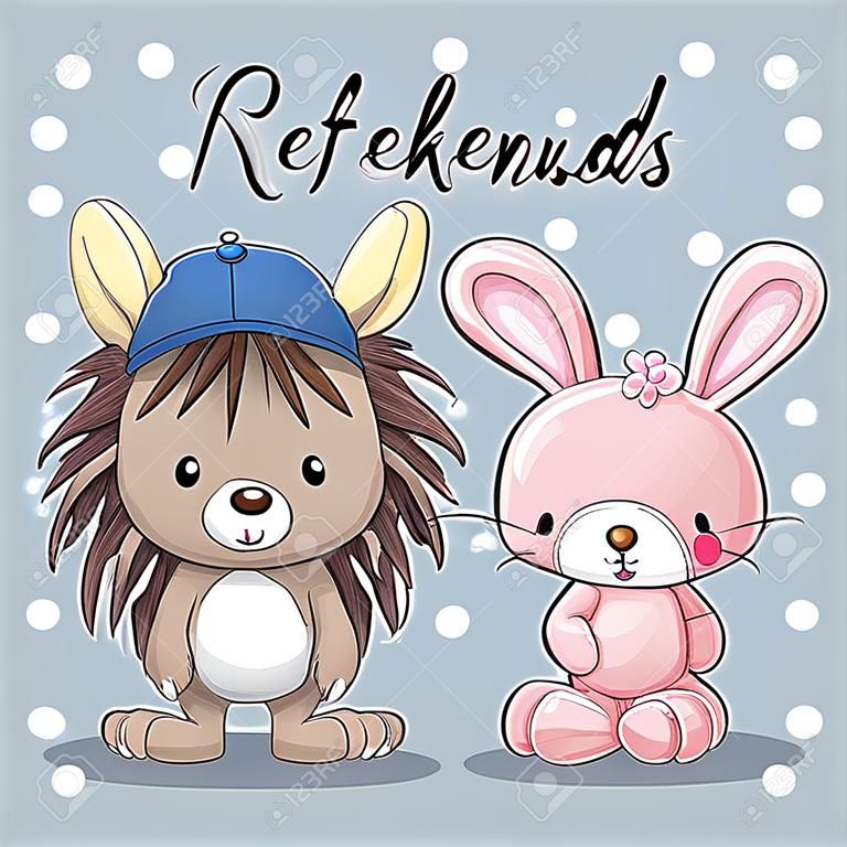 Cute Cartoon Rabbit and Hedgehog on a blue background