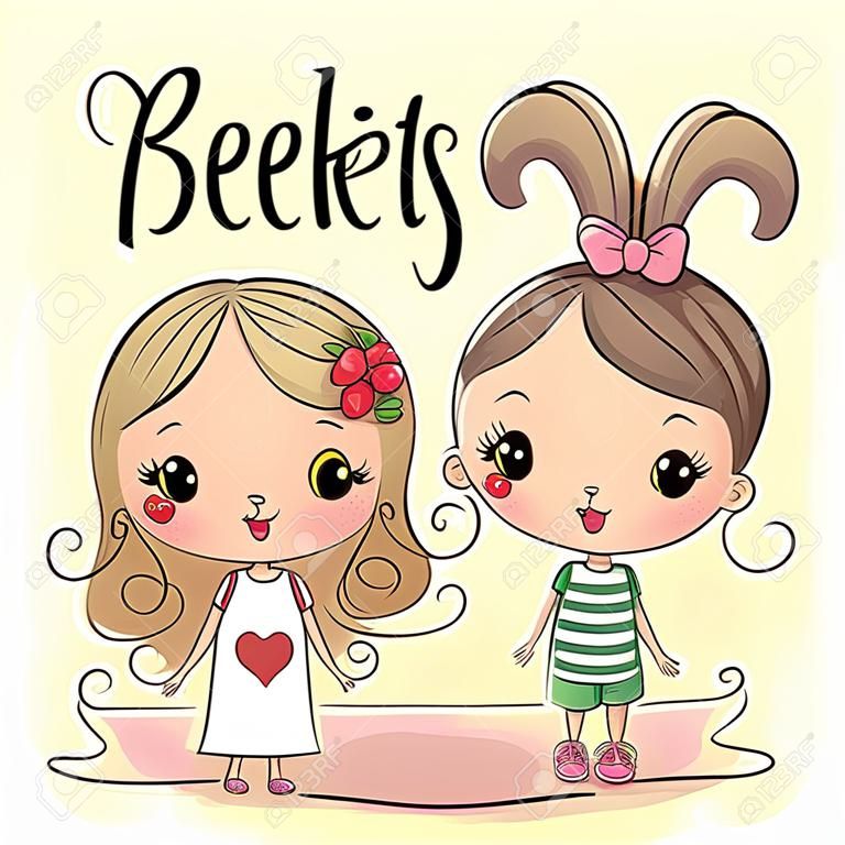 Dos amigos chicas de dibujos animados lindo sobre un fondo amarillo