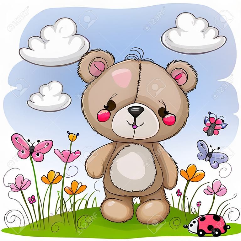 Cute Cartoon Teddy Bear on a meadow with flowers and butterflies