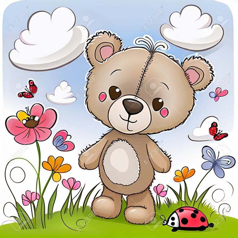Cute Cartoon Teddy Bear on a meadow with flowers and butterflies