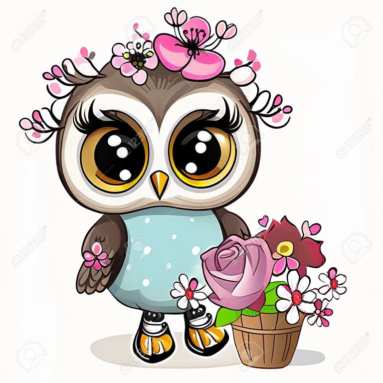 Cute Cartoon Owl with flowers on a white background