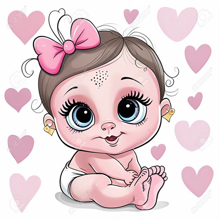 Menina bonita do bebê dos desenhos animados em um fundo dos corações