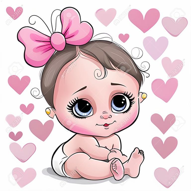Cute Cartoon baby girl on a hearts background