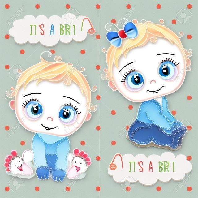 Carte de voeux de douche de bébé avec le garçon et la fille de bébés de dessin animé
