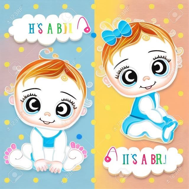 Baby Shower greeting card with Cartoon babies boy and girl