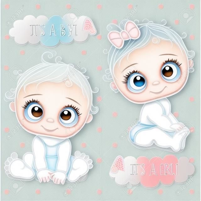 Cartão do chuveiro do bebê com desenhos animados bebês menino e menina