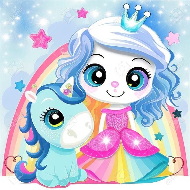 Greeting Card with Cute Cartoon fairy tale Princess and Unicorn