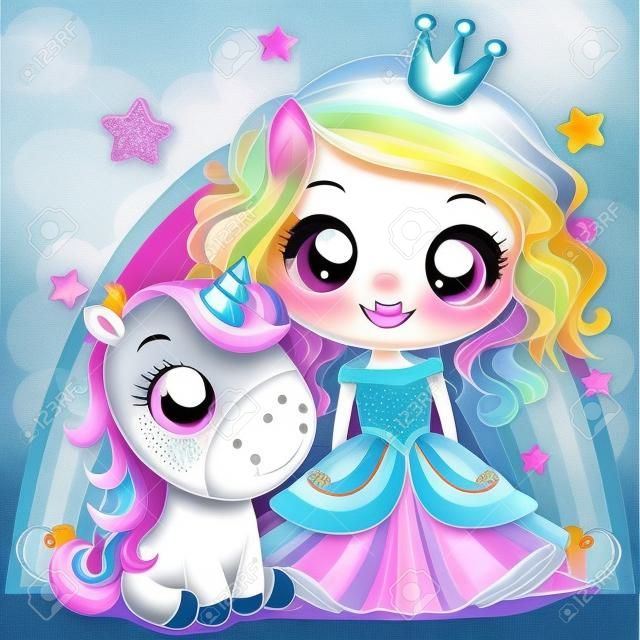 Tarjeta de felicitación con cuento de hadas de dibujos animados lindo princesa y unicornio