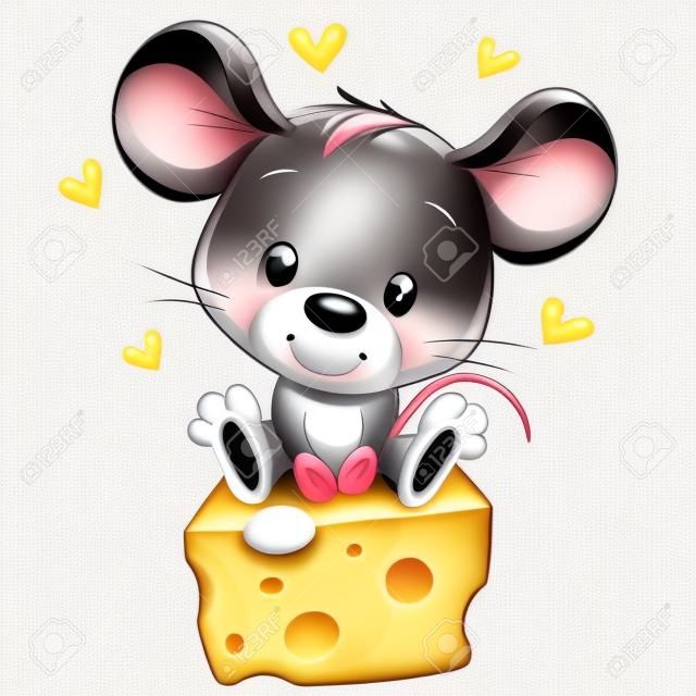 Mouse bonito dos desenhos animados está sentado em um queijo em um fundo branco