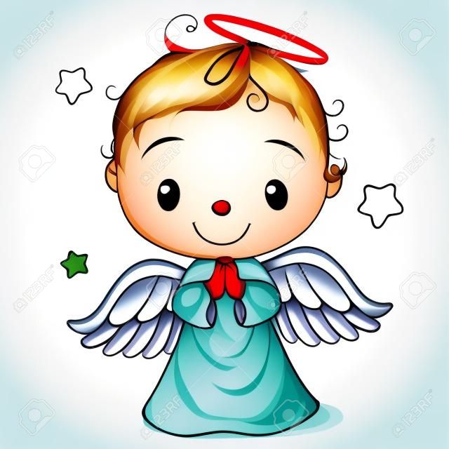 Menino bonito do anjo do Natal dos desenhos animados isolado no fundo branco