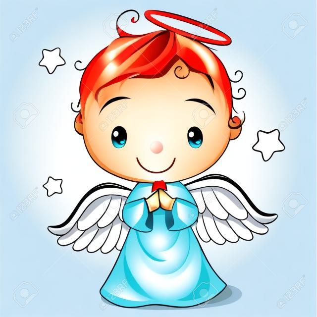 Menino bonito do anjo do Natal dos desenhos animados isolado no fundo branco