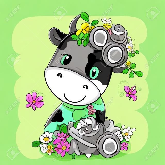 Simpatico cartone animato mucca con fiori su sfondo verde