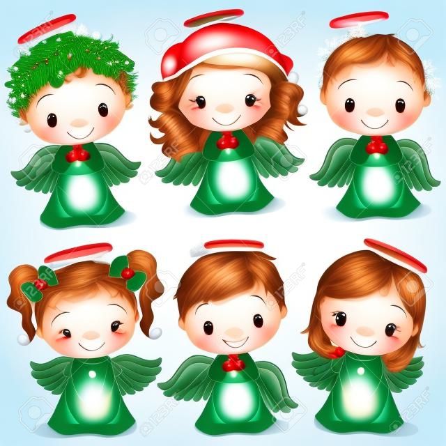 Conjunto de ángeles de Navidad de dibujos animados lindo aislado sobre fondo blanco