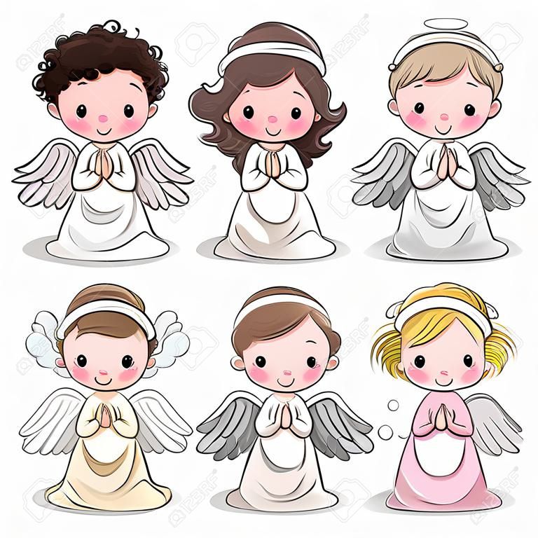 Conjunto de ángeles de Navidad de dibujos animados lindo aislado sobre fondo blanco