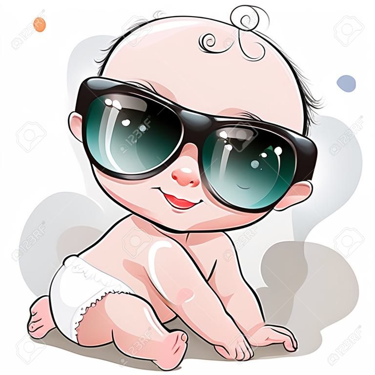 Bambino sveglio del fumetto con gli occhiali da sole su una priorità bassa bianca