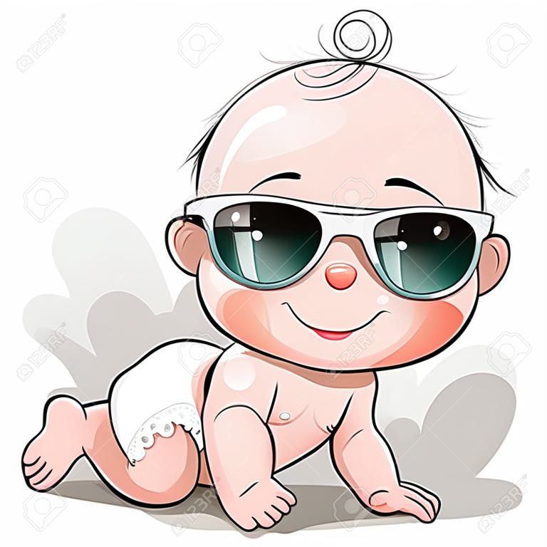 Bambino sveglio del fumetto con gli occhiali da sole su una priorità bassa bianca