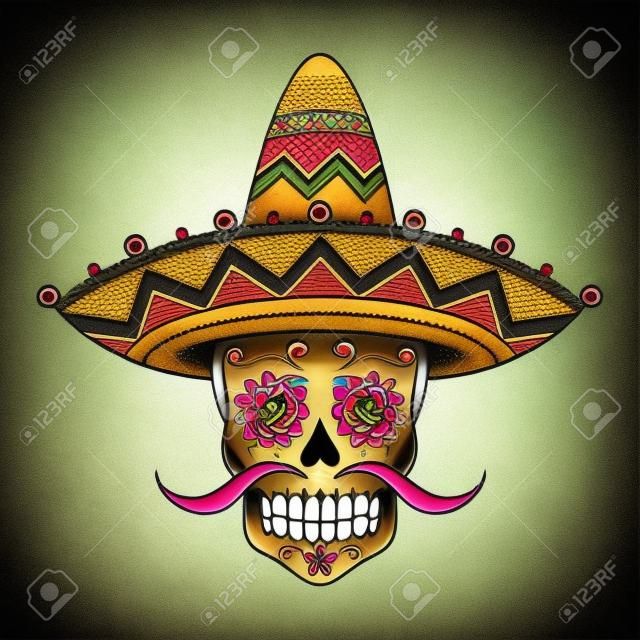 Açúcar mexicano scull em sombrero. Tatuagem de cor de estilo tradicional