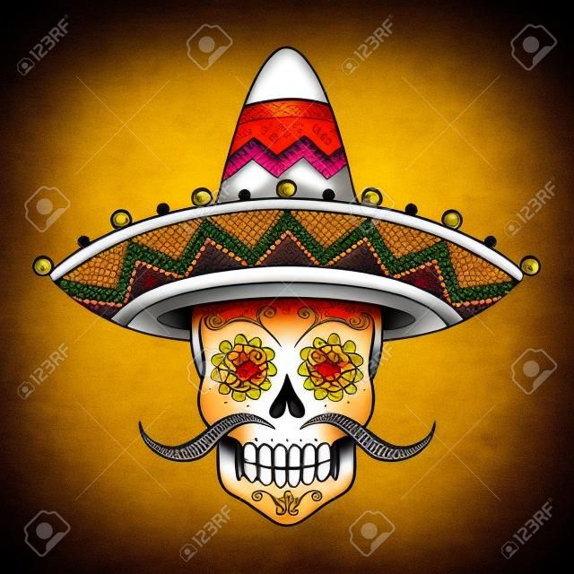 Sombrero Meksika şeker scull. Geleneksel stil rengini dövme