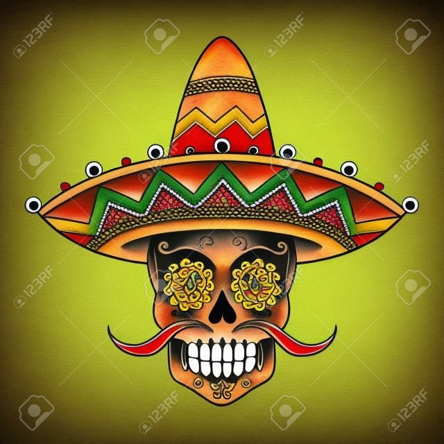 Açúcar mexicano scull em sombrero. Tatuagem de cor de estilo tradicional