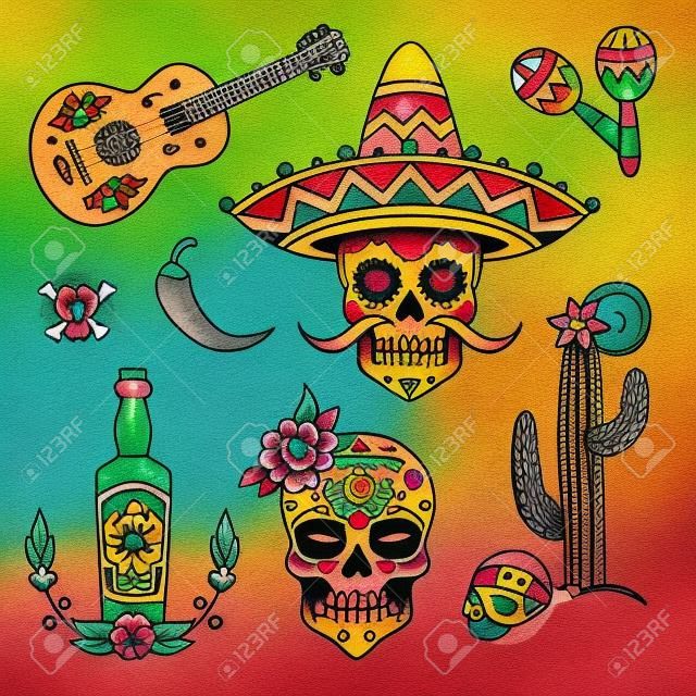 Mexikói szimbólumok. Állítsa be a színes tetoválás hagyományos vintage style