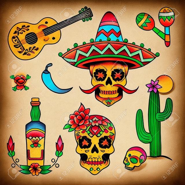 Símbolos mexicanos. Conjunto de tatuagens de cor no estilo tradicional vintage