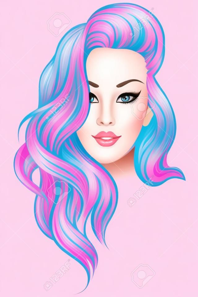 Junges schönes Mädchen mit rosa Haaren . Illustration für Schönheitssalon isoliert auf weißem Hintergrund