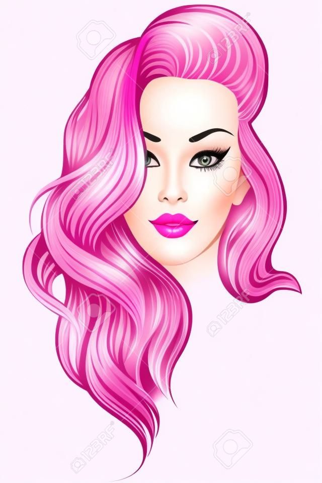 Junges schönes Mädchen mit rosa Haaren . Illustration für Schönheitssalon isoliert auf weißem Hintergrund
