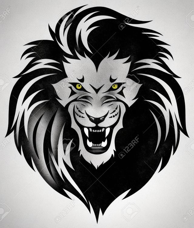 Cabeza de león rugiente. Ilustración negro aislado en el fondo blanco