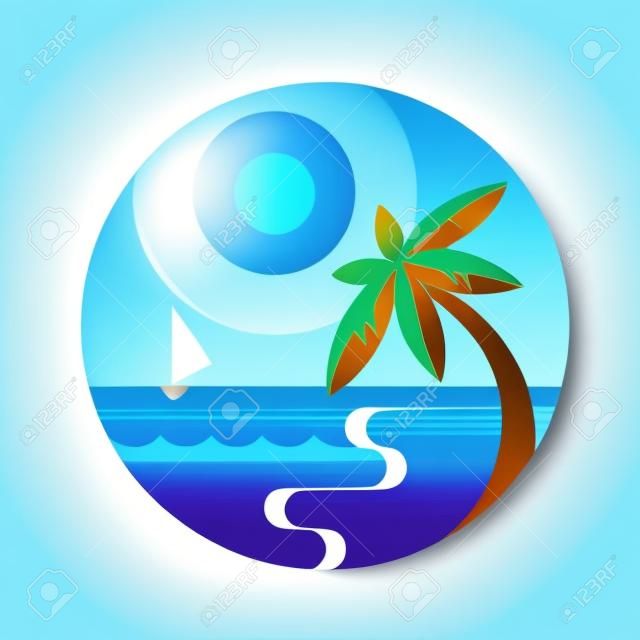 Spiaggia tropicale e mare blu in etichetta rotonda. Illustrazione di stile piano isolato su priorità bassa bianca.