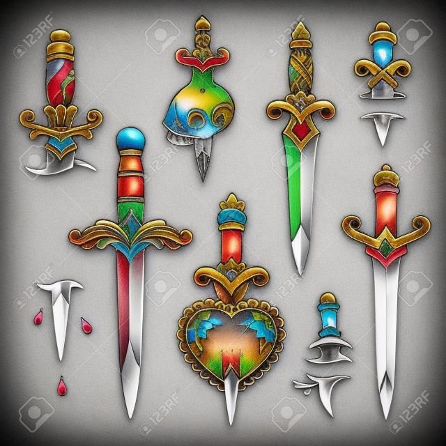 Conjunto de tatuagens coloridas no estilo vintage tradicional. Adagas e facas