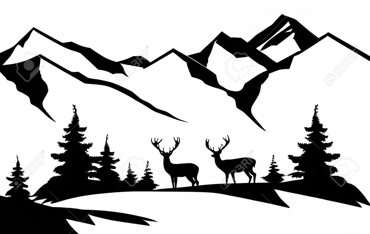 vector illustration of deer silhouettes, mountains, forest.