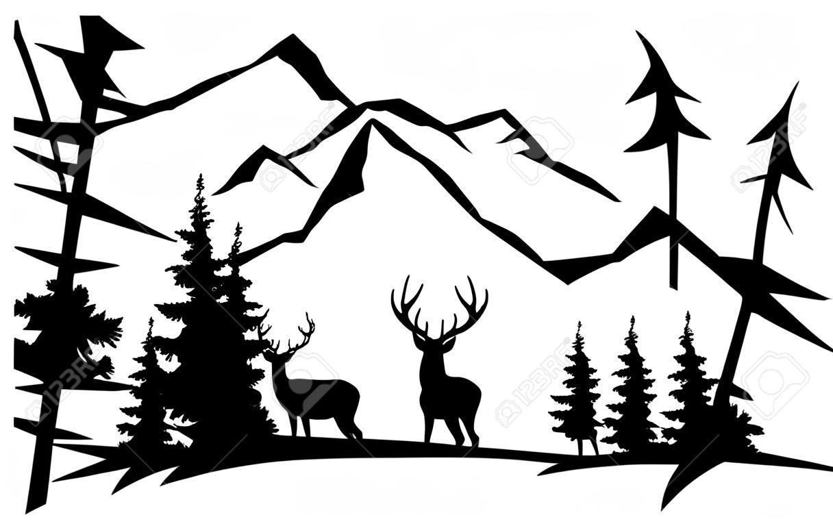 vector illustration of deer silhouettes, mountains, forest.